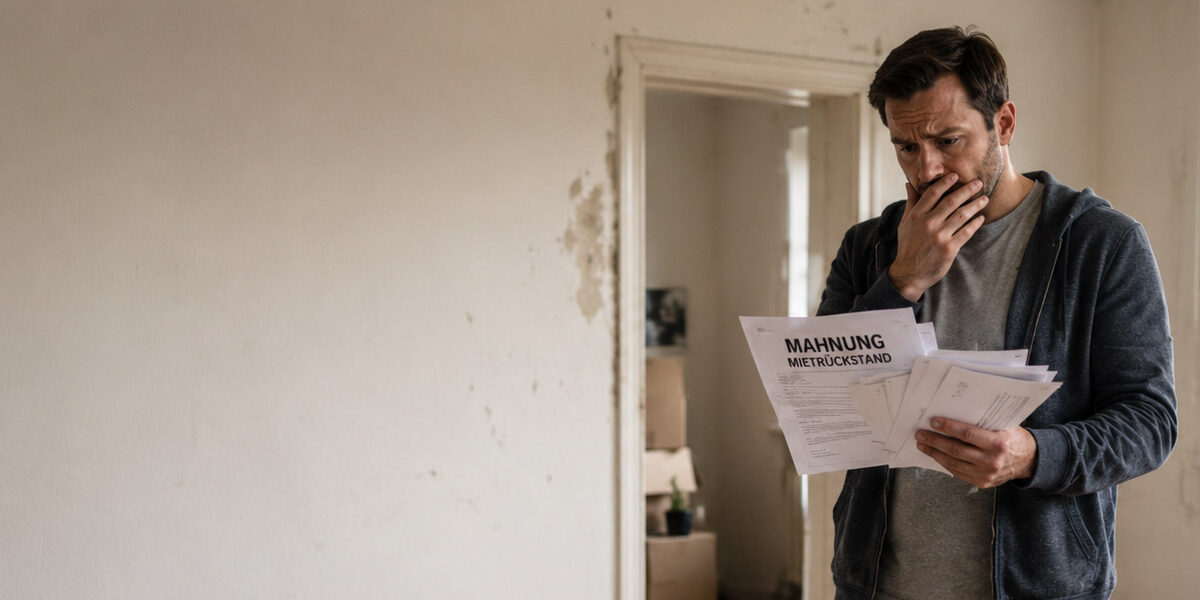 Mietnomaden Besorgter Vermieter prüft Mahnung wegen Mietrückstand in beschädigter Wohnung I Mietnomaden