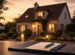 Einfamilienhaus bei Abendlicht mit Vertragsunterlagen im Vordergrund als Symbol für den Immobilienverkauf mit Wohnrecht. I Verkauf mit Wohnrecht