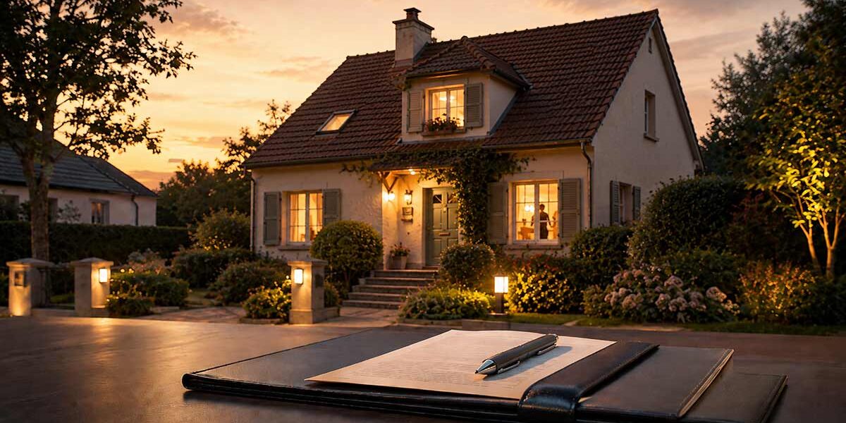 Verkauf mit Wohnrecht Einfamilienhaus bei Abendlicht mit Vertragsunterlagen im Vordergrund als Symbol für den Immobilienverkauf mit Wohnrecht. I Verkauf mit Wohnrecht