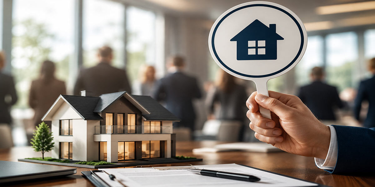 Bieterverfahren Immobilienmodell und Hand mit Haussymbol stehen für ein Bieterverfahren beim Immobilienverkauf. I Bieterverfahren