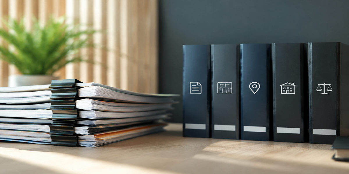 Dokumente beim Immobilienverkauf Dokumente beim Immobilienverkauf: Ordner und Unterlagen auf einem Schreibtisch symbolisieren die Vorbereitung und Verwaltung wichtiger Immobilienverkaufsdokumente. I Dokumente beim Immobilienverkauf