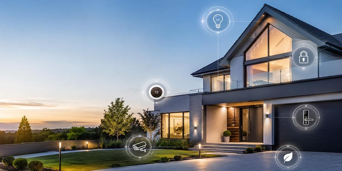 Modernes Einfamilienhaus mit vernetzten Smart-Home-Funktionen für Beleuchtung, Sicherheit, Heizung und Zugangskontrolle. I Smart-Home