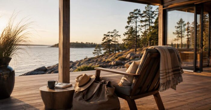 Sonnige Terrasse einer Ferienimmobilie am Wasser mit Sessel, Decke, Reisetasche und Blick auf eine bewaldete Küste I Ferienimmobilie
