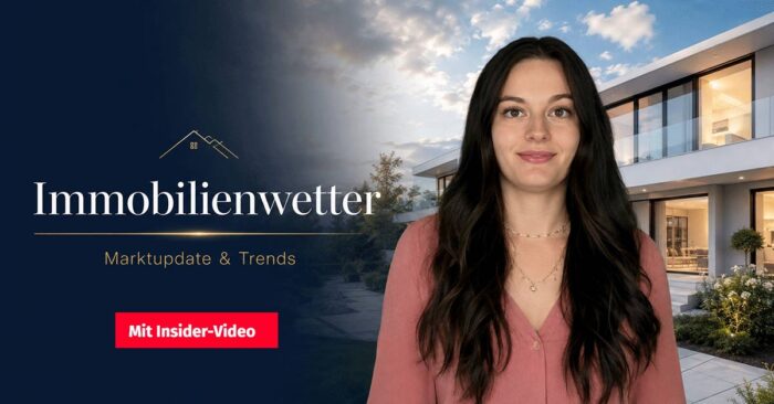 Immobilien-Wetter: Mietmarkt bleibt warm und drückend Immobilienwetter – aktuelle Marktupdates und Trends zum Immobilienmarkt mit Immobilienexpertin vor moderner Wohnimmobilie.