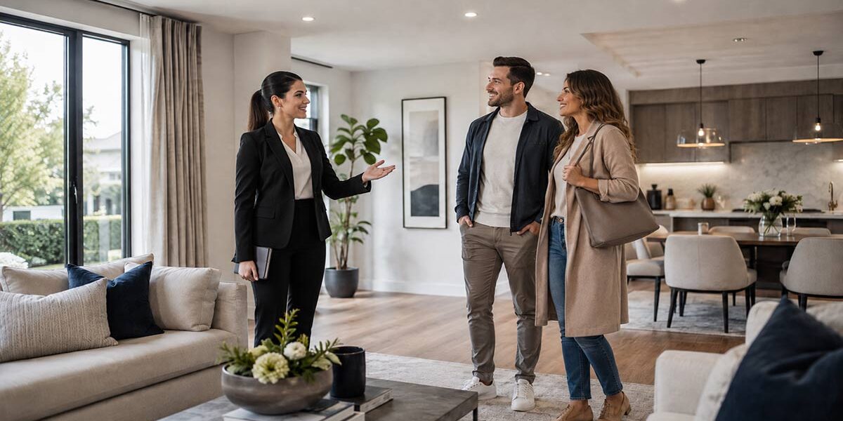Besichtigungsmanagement Immobilienmaklerin führt ein Paar durch ein modernes, helles Wohnzimmer – Symbolbild zum Thema professionelles Besichtigungsmanagement bei Immobilien.