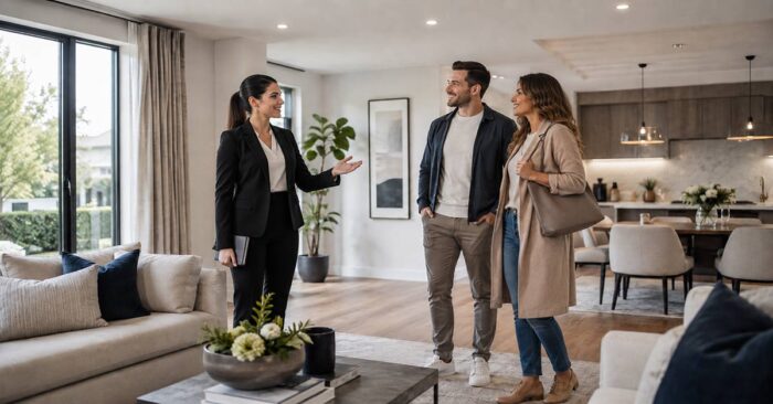 Besichtigungsmanagement Immobilienmaklerin führt ein Paar durch ein modernes, helles Wohnzimmer – Symbolbild zum Thema professionelles Besichtigungsmanagement bei Immobilien.