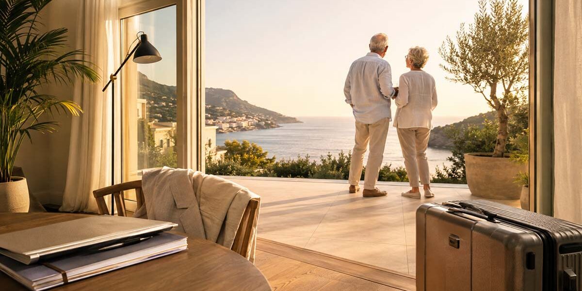 Älteres Paar blickt von der Terrasse seines Hauses auf eine sonnige Küstenlandschaft – Sinnbild für einen Lebensabend im Ausland.