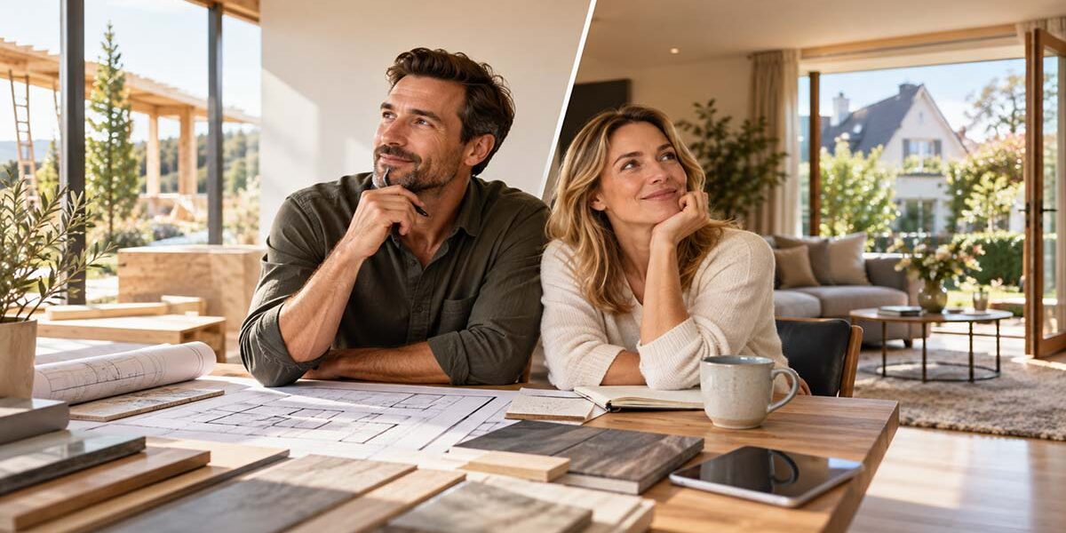 Paar sitzt mit Bauplänen und Materialmustern am Tisch und überlegt, ob es ein Haus bauen oder eine Immobilie kaufen soll.