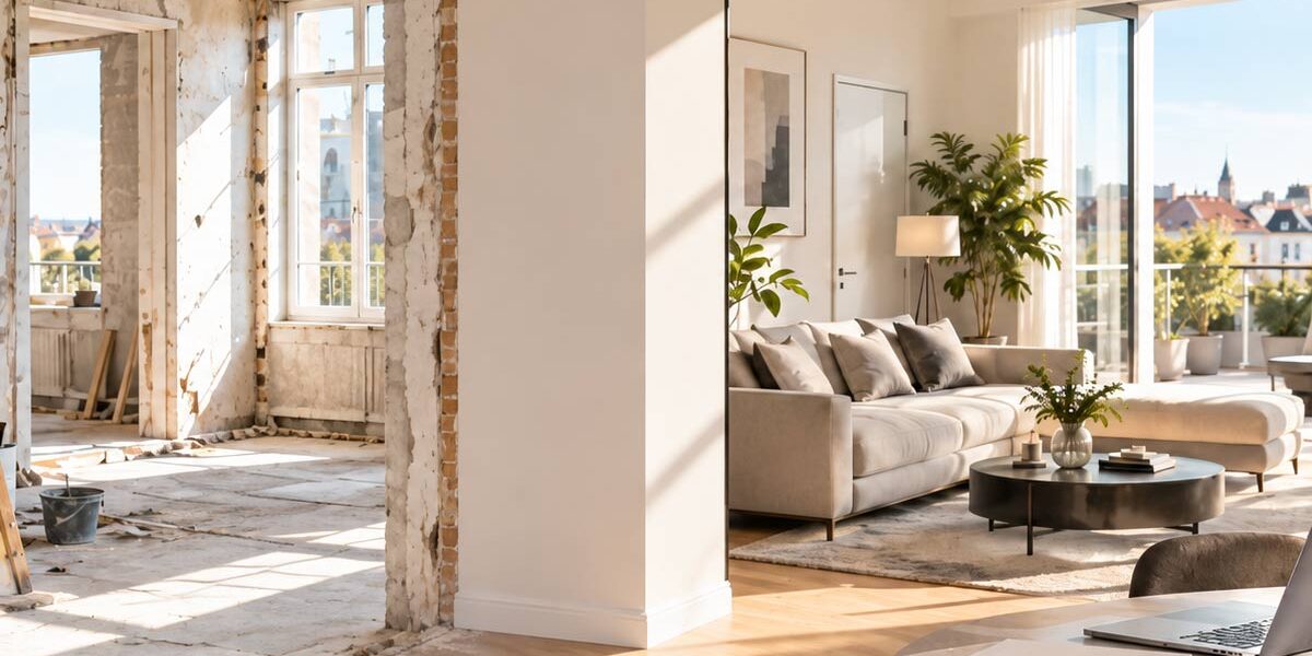 Gegenüberstellung einer renovierungsbedürftigen Wohnung und eines modernisierten Wohnbereichs als Darstellung des Fix-and-Flip-Prinzips.