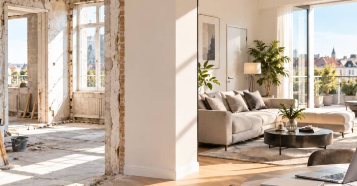 Fix&Flip Gegenüberstellung einer renovierungsbedürftigen Wohnung und eines modernisierten Wohnbereichs als Darstellung des Fix-and-Flip-Prinzips.