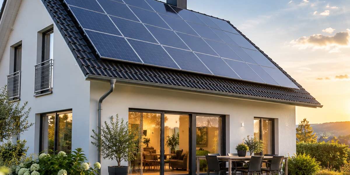 Modernes Einfamilienhaus mit Photovoltaikanlage auf dem Dach als Beispiel für den Einfluss von Solarenergie auf den Immobilienwert.