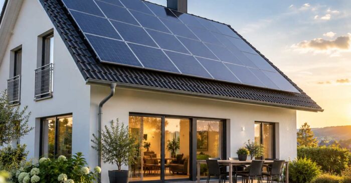 Photovoltaik Immobilienwert Modernes Einfamilienhaus mit Photovoltaikanlage auf dem Dach als Beispiel für den Einfluss von Solarenergie auf den Immobilienwert.