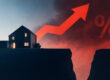 Symbolbild zur Anschlussfinanzierung: Ein Haus steht am Rand einer tiefen Schlucht, während ein roter Pfeil steil nach oben zeigt und steigende Bauzinsen verdeutlicht. | Immobilienfinanzierung