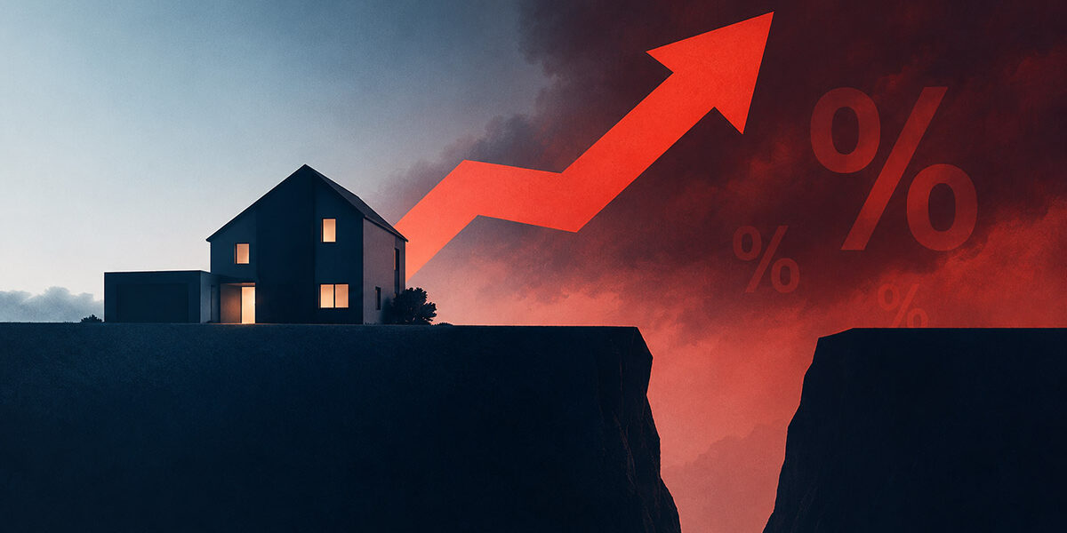 Immobilienfinanzierung Symbolbild zur Anschlussfinanzierung: Ein Haus steht am Rand einer tiefen Schlucht, während ein roter Pfeil steil nach oben zeigt und steigende Bauzinsen verdeutlicht. | Immobilienfinanzierung