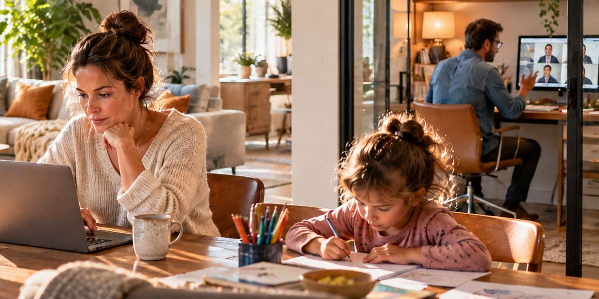 Familie im Homeoffice: Mutter arbeitet am Laptop, Kind macht Hausaufgaben und Vater nimmt an einer Videokonferenz teil – Homeoffice-Boom.